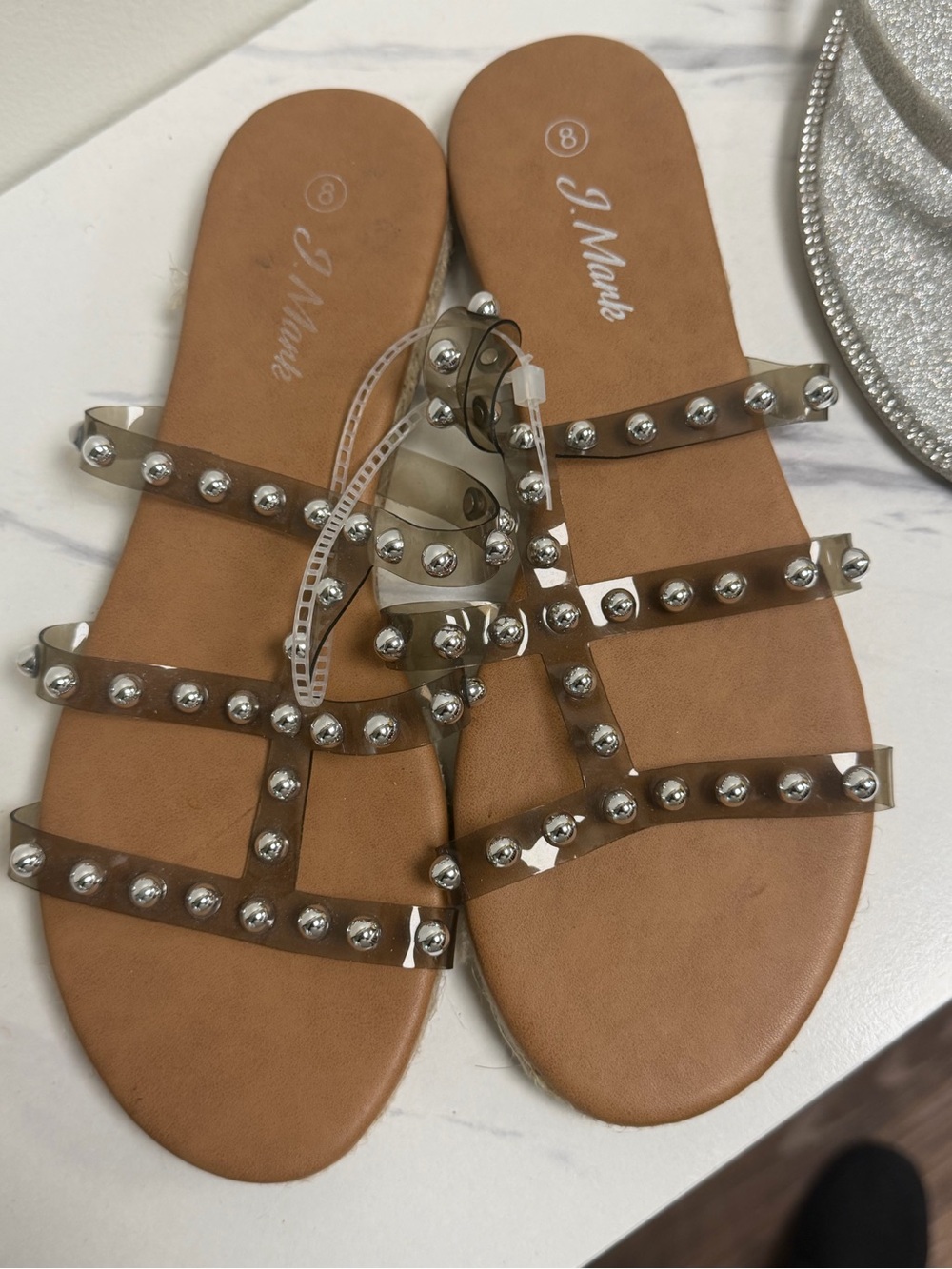 Tan Studded Clear-Strap Slide Sandals